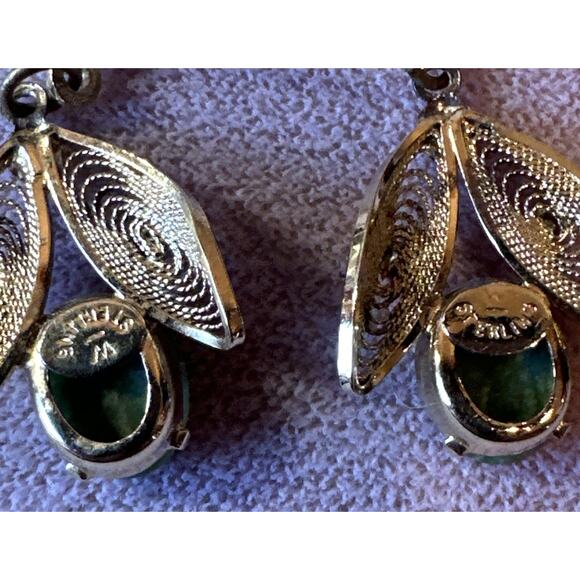 VTG W Signed 1/20 12k Filigree On Sterling Jade Post Earrings & Necklace Set - Picture 7 of 10